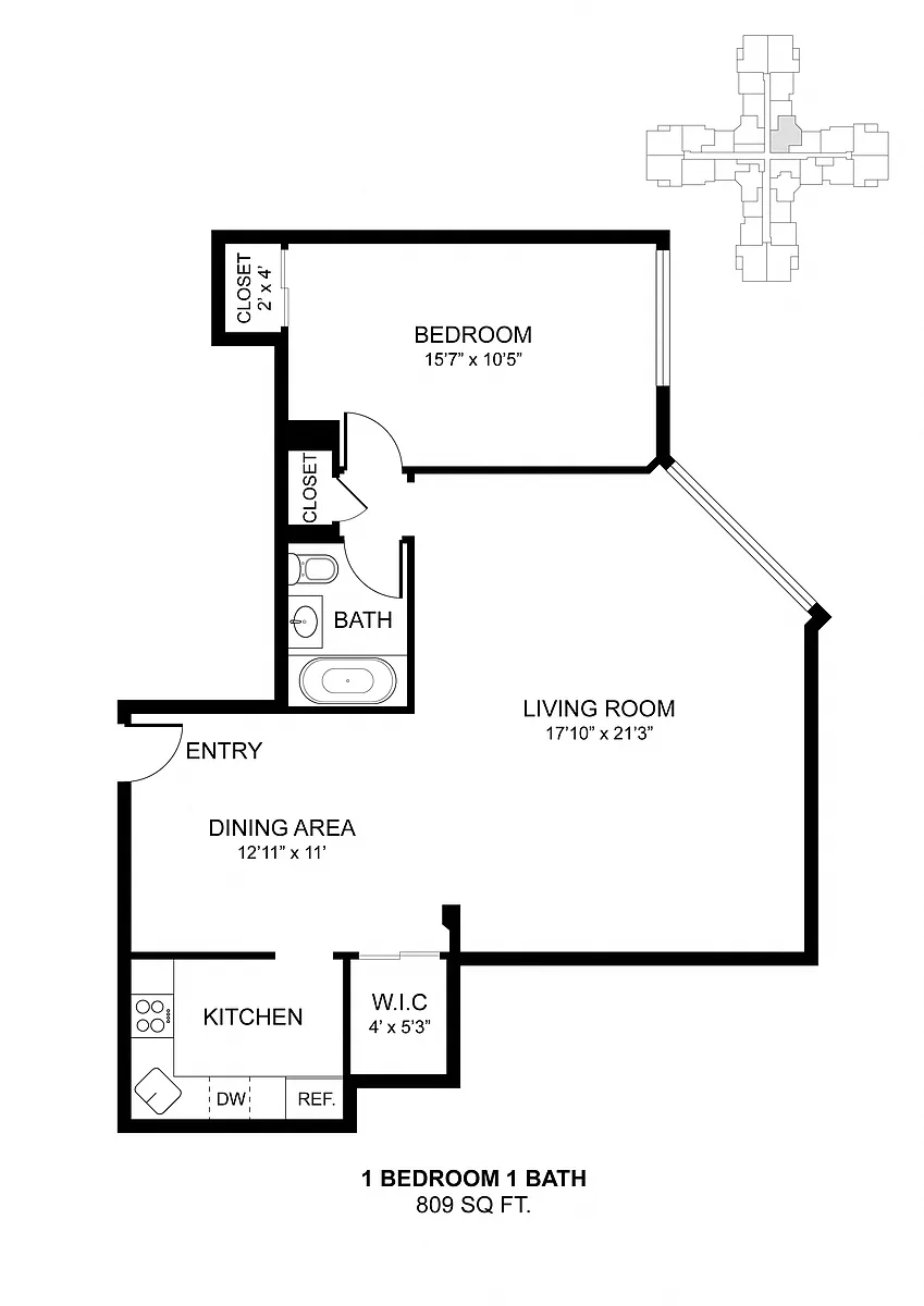 Floor plan 1 Bdrm 809 Sq Ft