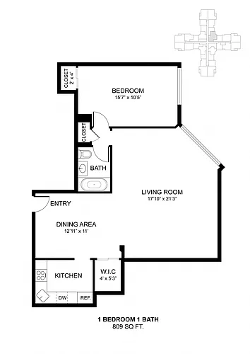 Floor plan 1 Bdrm 809 Sq Ft