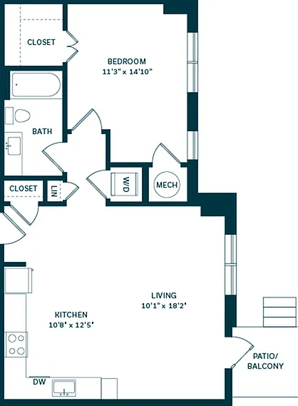 Explore this inviting one-bedroom apartment layout with a private patio. Explore this inviting one-bedroom apartment layout with a private patio.