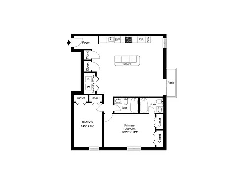 Floor plan Two Bedroom Two Bath with Galley Kitchen