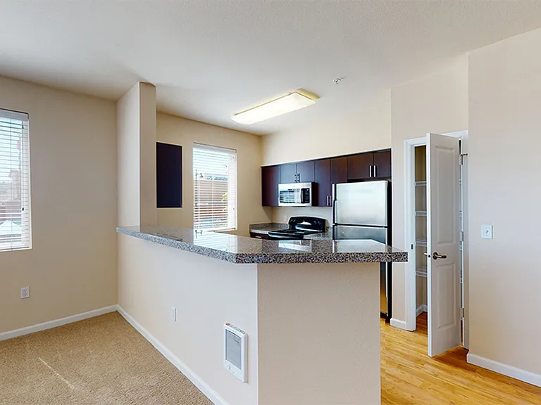Apartment kitchen with wood-style flooring.