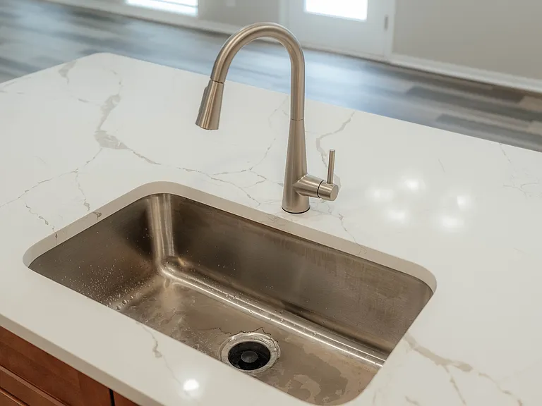 Quartz counters and large stainless steel sink with a disposal