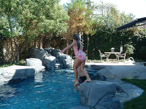 Pool & waterfall, patio space