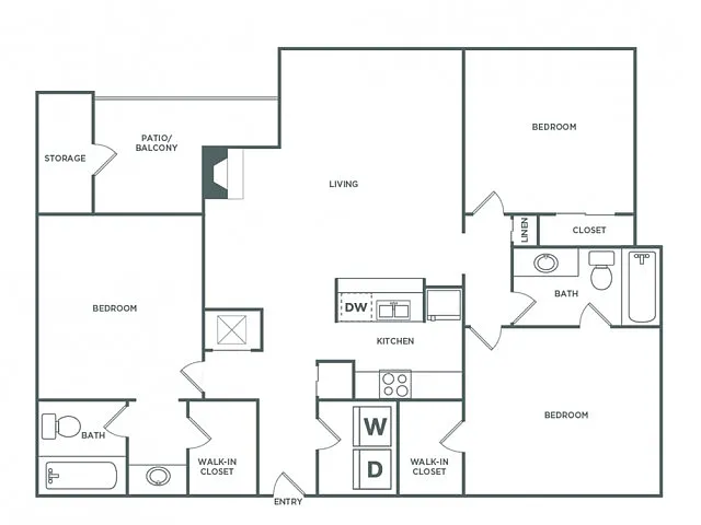 Floor plan Three Bedroom Two Bath (1389 SF)