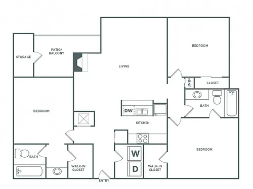 Floor plan Three Bedroom Two Bath (1389 SF)
