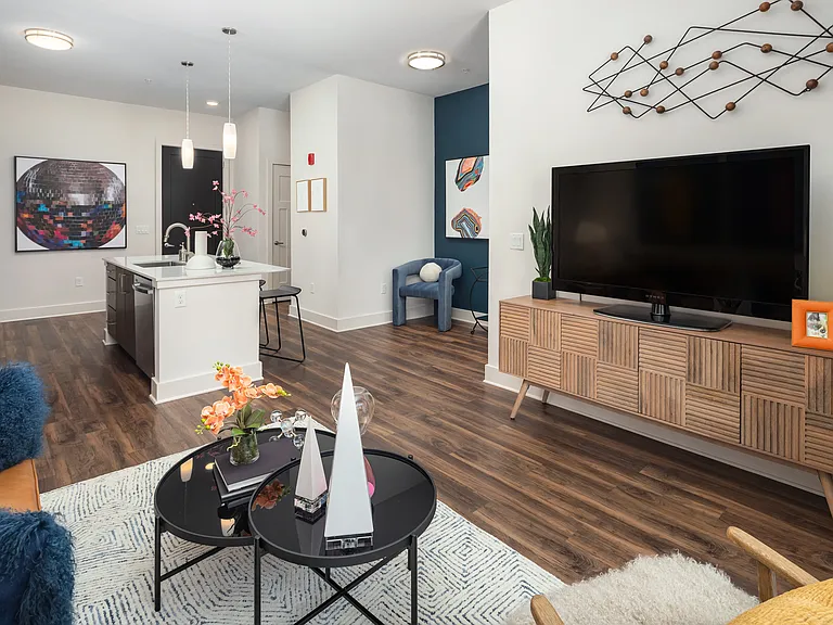 Modern Living Room with Wood-Style Flooring and Open Kitchen View
