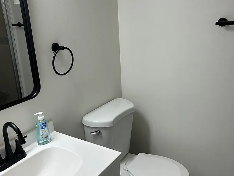 Efficient bathroom with a single-sink vanity, matte black fixtures, and easy-clean flooring for low-maintenance living.