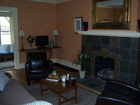 Living room with slate gas fireplace