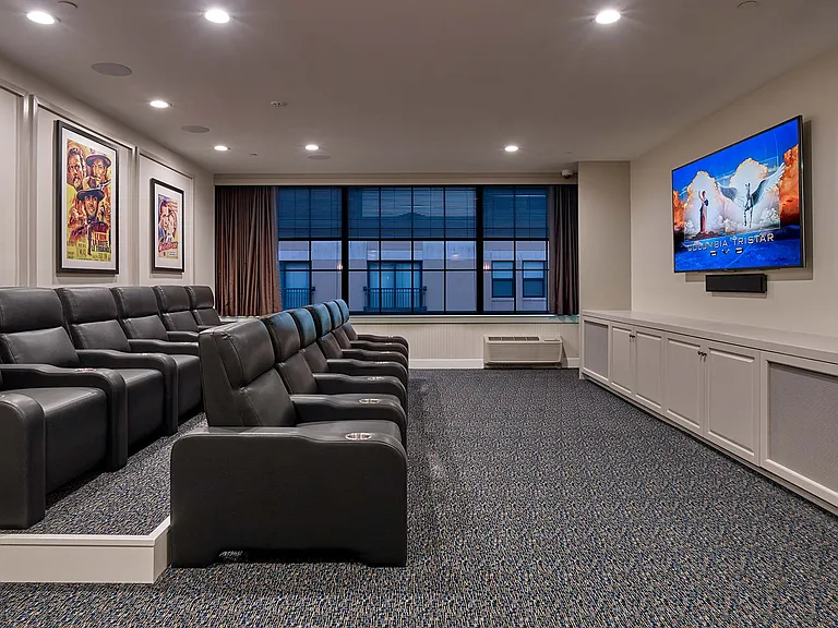 Theatre room with large screen TV and stadium seating