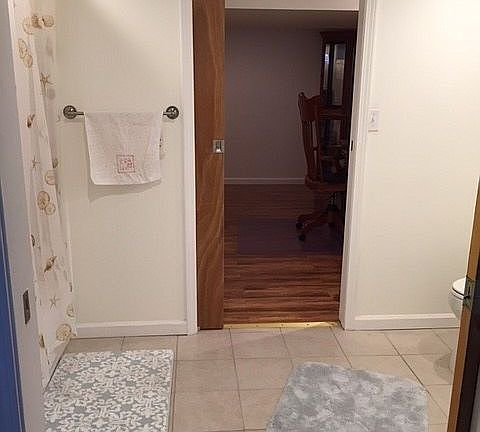 Basement full Bath with Jack/Jill doors : This newly built full 3-piece bathroom with doors to bedro