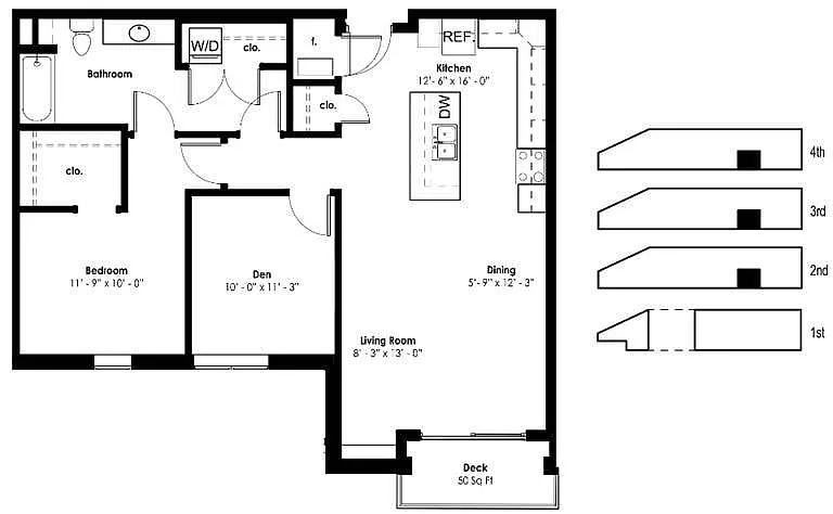 Floor plan 1 Bed/1 Bath (+ Den)