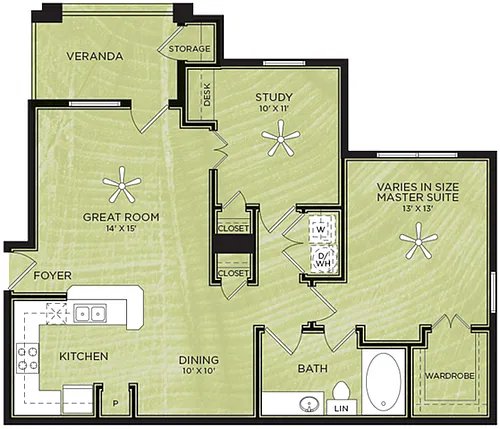 Floor plan A13: 1 Bed 1 Bath