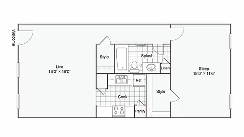 Floor plan TRT107_D he Coates: 1 Bedroom 1 Bath