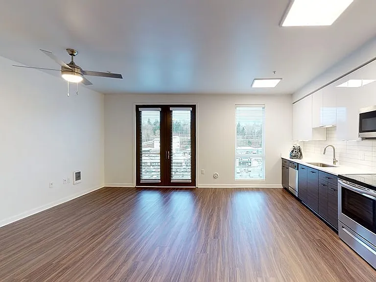 Apartment living room with wood-style flooring.