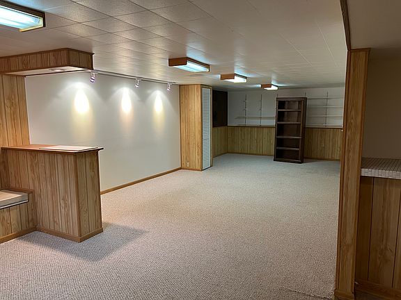 carpeted open area in the basement with back shelving