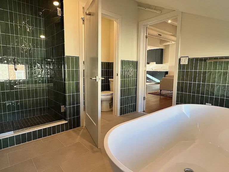 Bathroom - Walk-in Shower (l) and Water Closet/Toilet (r) with Soaking Tub in foregroud