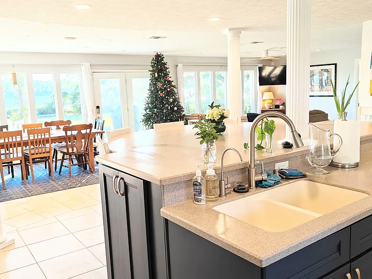 Kitchen island with view of the water
