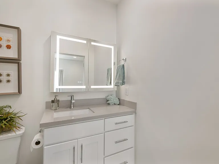 Master bath with added upgrade of vanity cabinet with lit mirror.