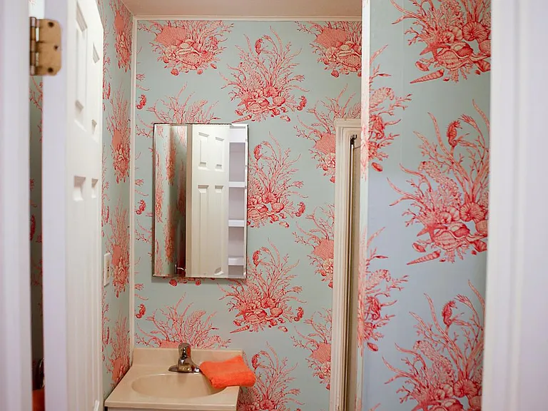 Bottom floor's bathroom with new wallpaper
