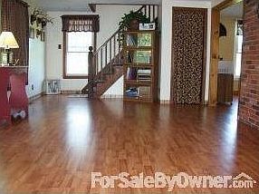 Family room with exposed brick