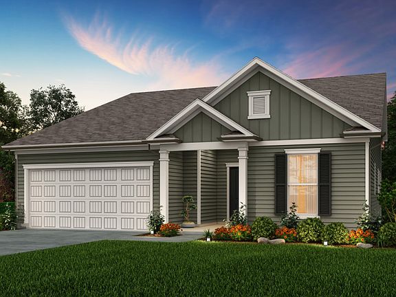 Bedrock new home Exterior LC3A with covered front door and two car carage.