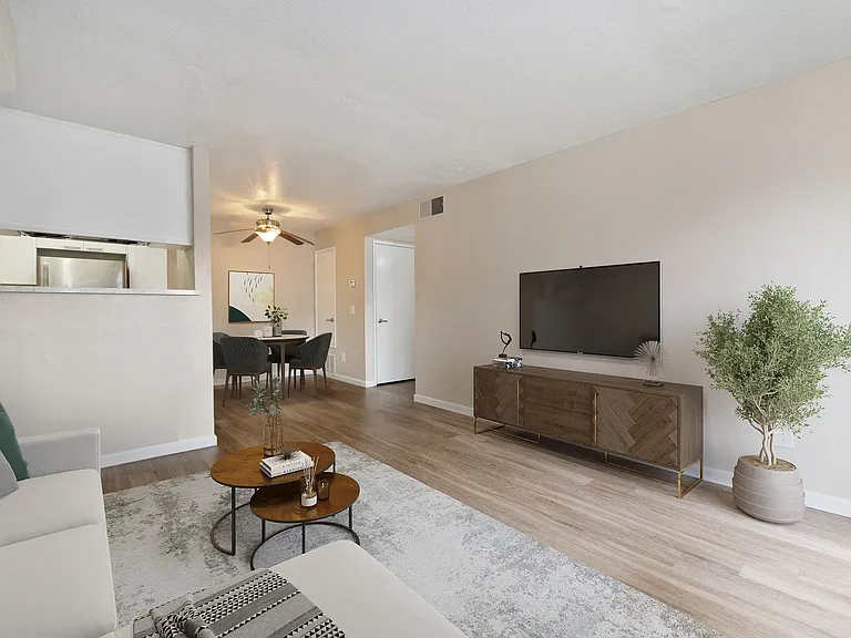 Living Room & Dining area In The 1 Bedroom Floor Plan
