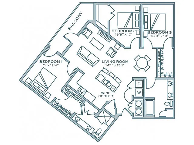 Floor plan Three Bedroom Two Bath (1453 SF)