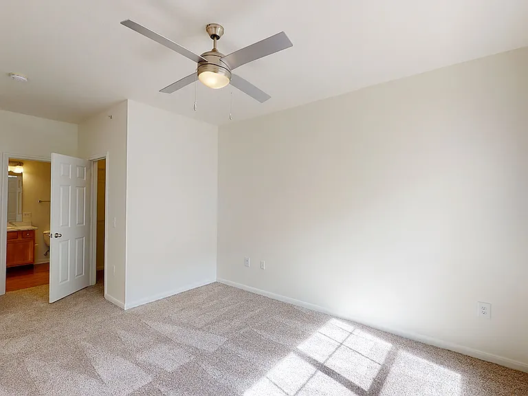 Spacious apartment bedroom with large closet and plush carpet flooring.