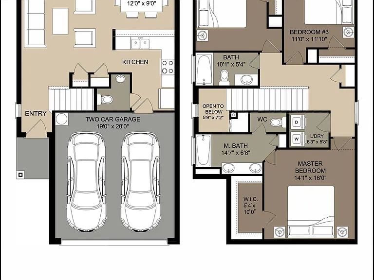 The Huntington floor plan with a spacious two-story layout, featuring a two-car garage, open-concept living and dining areas, modern kitchen, three bedrooms, and two and a half baths. The Huntington floor plan with a spacious two-story layout, featuring a