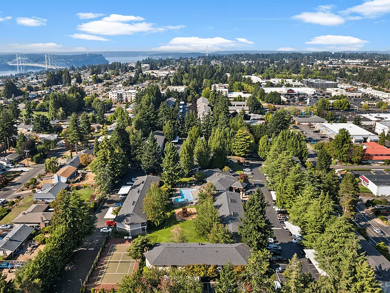 Scenic aerial view of the community with nearby amenities