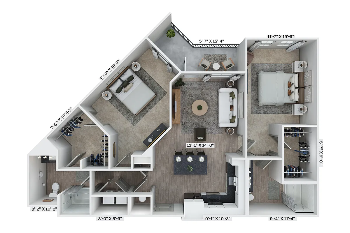Floor plan 2BR 2BA (1200 SF)