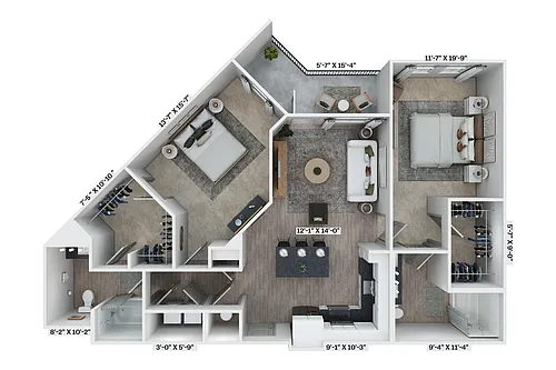 Floor plan 2BR 2BA (1200 SF)
