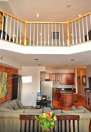 View from the dining space to the loft with High Ceilings ( please note picture taken before kitchen renovation)