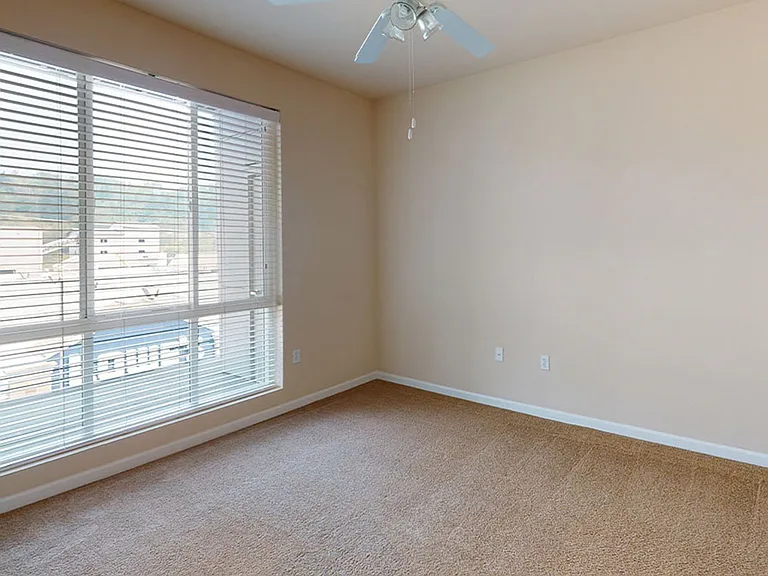 Spacious apartment bedroom with plush carpet flooring.