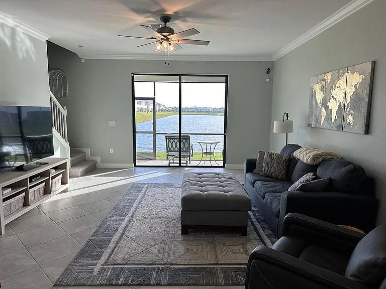 Living area with pullout sleeper sofa.