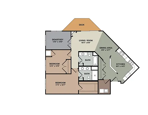 Floor plan 2E - 2 Bedroom + Den