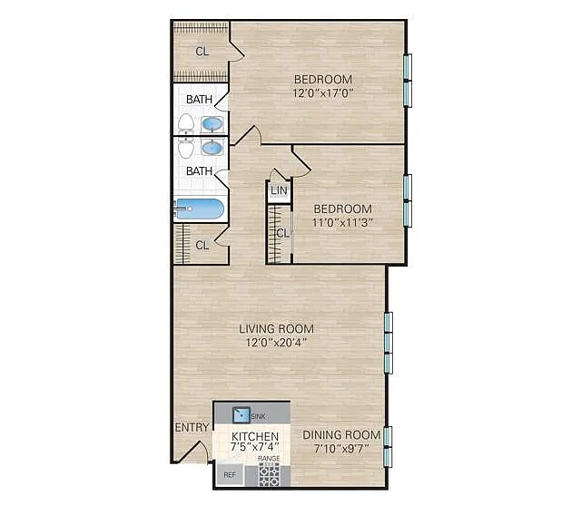 Floor plan 2 Bedroom, 1.5 Bath Medium