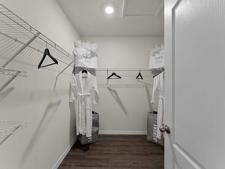Walk-in closet with ample shelving and storage space.