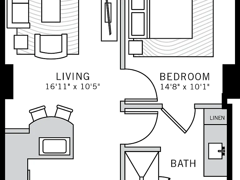 1 bedroom 1 bath apartment with dining area, walk in closet, patio and 664 sq ft