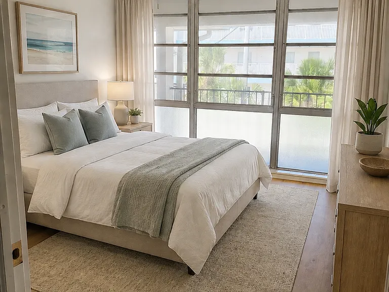 Bedroom includes a large walk-in closet with custom shelving and decorative wallpaper.
