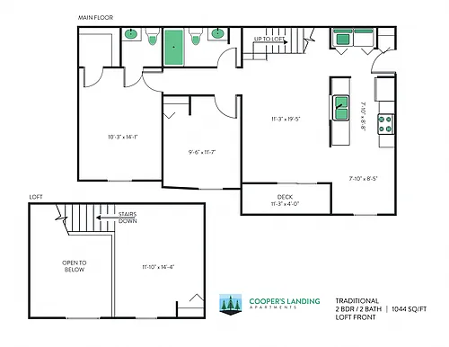 Floor plan 2 Bed, 1.5 Bath Loft - 1044 sq ft
