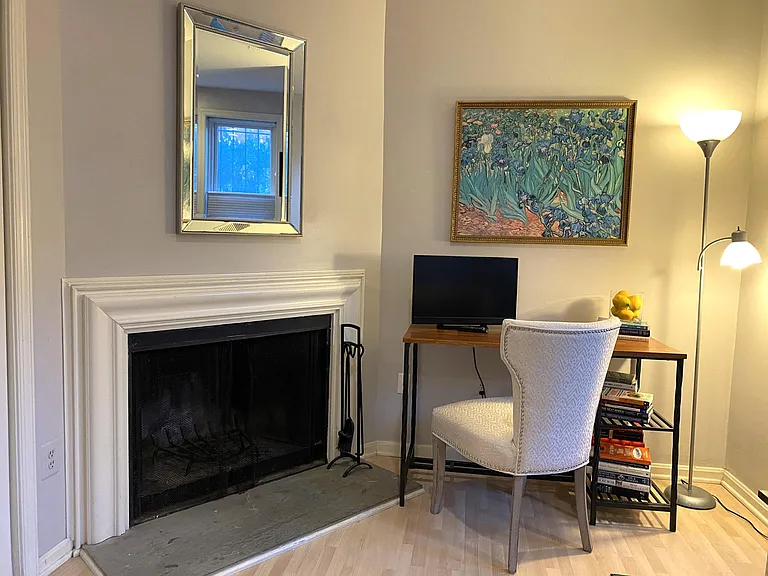Desk and comfy chair for working from home. Working fireplace, (though we prefer you just use candles with it).