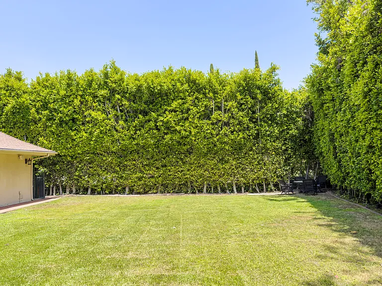 Open grassy yard bordered by towering hedges offers privacy at this Beverly Hills luxury rental, 1094 Garden Lane, a 90210 home for rent.