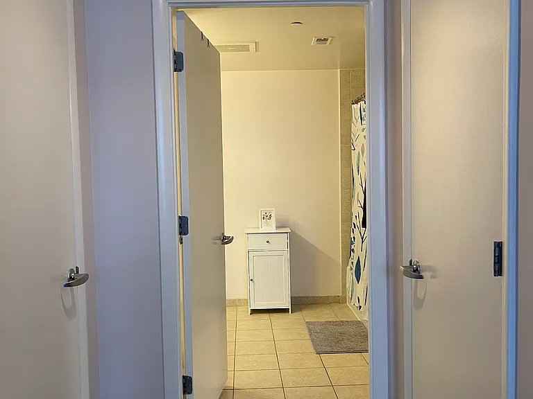 Bedroom closets and entrance to bathroom