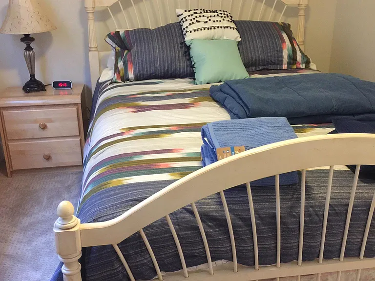 Queen bed in downstairs bedroom