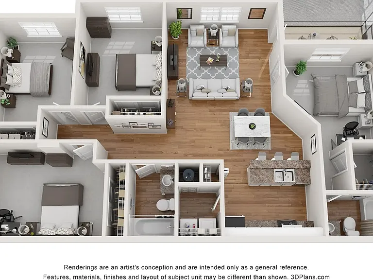 A 3D floor plan rendering of The Windmill