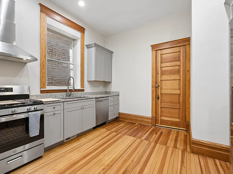 Stainless steel appliances, granite countertops, and ample amount of storage space.