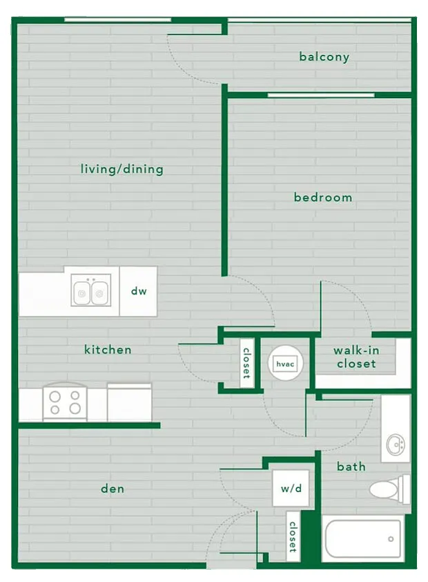 Floor plan 1 Bed 1 Bath with Den - 734 Sq. Ft