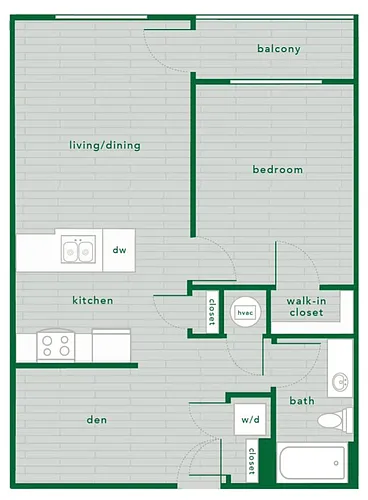 Floor plan 1 Bed 1 Bath with Den - 734 Sq. Ft