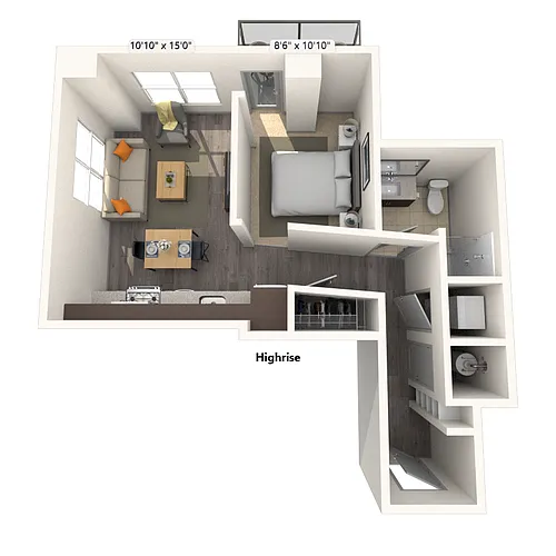Floor plan High Rise Studio 0x1 589-645 SF